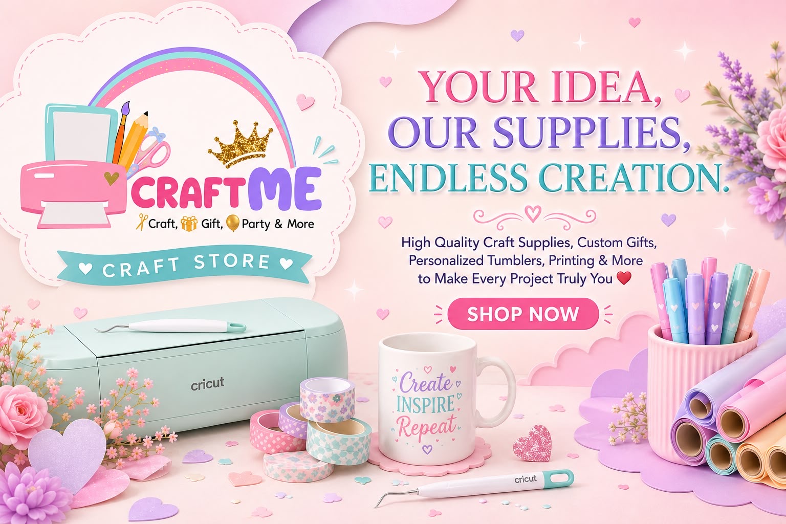 Craft Me craft store — your idea, our supplies, endless creation. Cricut machine, mug, vinyl rolls and pens